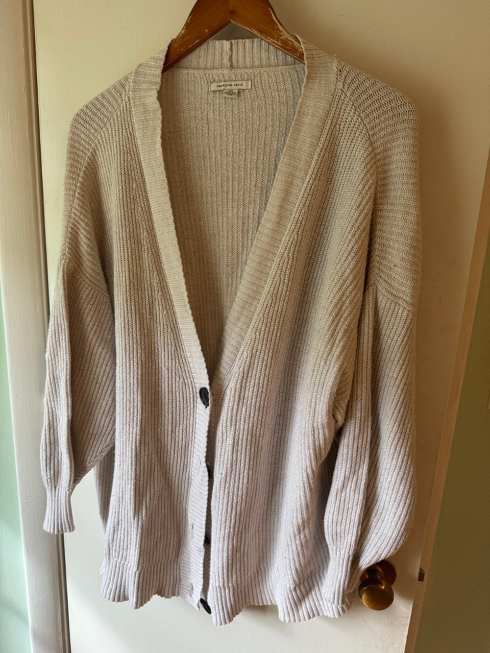 American Eagle Outfitters Cream Ribbed Button-Front Cardigan